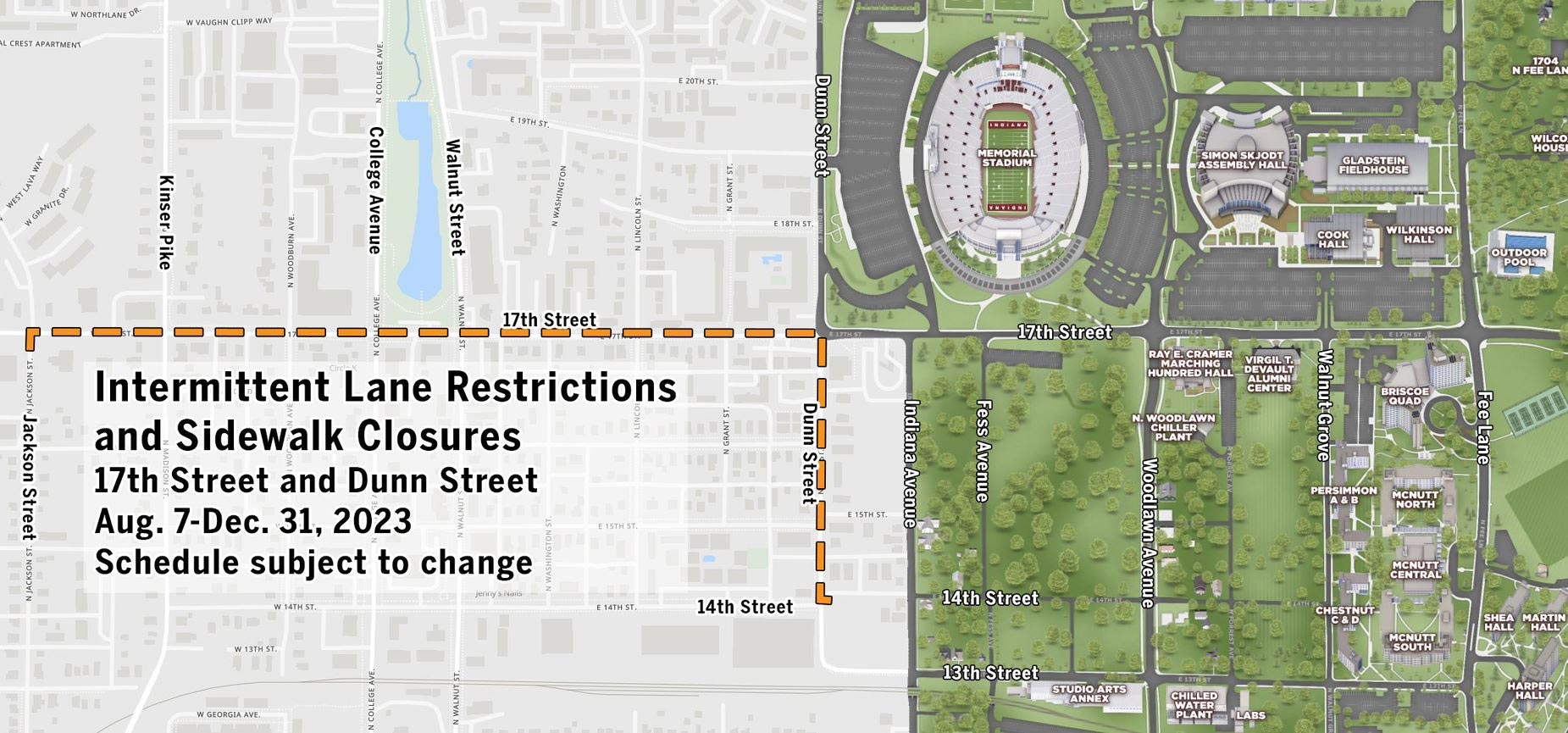 Map showing the location of the intermittent road restrictions and sidewalk closures around 17th Street and Dunn Street.